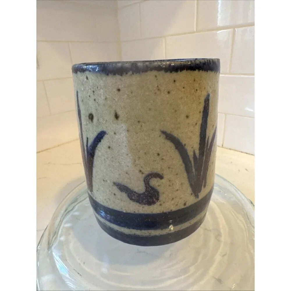 Studio Art Pottery Vase Planter Blue Ban Brown speckles Signed